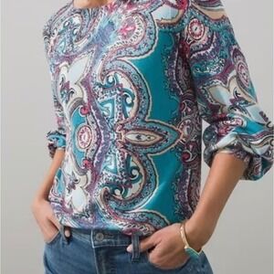 Chicos Scrolls Neck Pagoda Blue Printed Paisley 3/4 Sleeve Blouse Top Size S NWT